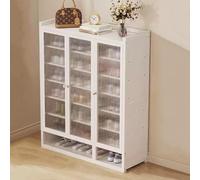 7 Tier Bamboo Shoe Rack Modern 3 Door Storage Cabinet for Entryway Narrow Hallway Living Room & Bedroom Stylish White Shoe & Cupboard Stand
