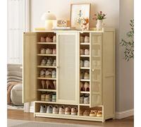 7-Tier Bamboo Shoe Rack with Adjustable Shelves, Wooden Shoe Cabinet Organizer for Entryway, Living Room & Hallway, Stylish Rattan Design & 4 Doors