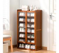 7-Tier Bamboo Shoe Rack with Adjustable Shelves, Wooden Shoe Cabinet Organizer for Entryway, Living Room & Hallway, Stylish Rattan Design & 4 Doors