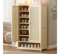 7-Tier Bamboo Shoe Rack with Adjustable Shelves, Wooden Shoe Cabinet Organizer for Entryway, Living Room & Hallway, Stylish Rattan Design & 4 Doors