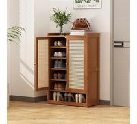 7-Tier Bamboo Shoe Rack with Adjustable Shelves, Wooden Shoe Cabinet Organizer for Entryway, Living Room & Hallway, Stylish Rattan Design & 4 Doors