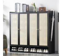 7-Tier Bamboo Shoe Rack with Adjustable Shelves, Wooden Shoe Cabinet Organizer for Entryway, Living Room & Hallway, Stylish Rattan Design & 4 Doors