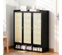 7-Tier Bamboo Shoe Storage Cabinet, Slim Hallway Cupboard, Freestanding Rattan Shoe Rack, Tall Narrow Organizer with Doors, Stylish Shoe Organizer for Entryway