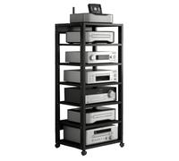 7-Tier Media Stand for TV & Gaming Adjustable Wooden Shelves Entertainment Console Storage Cabinet Easy Assembly AV Rack for Home Theater (Black)