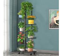 7 Tier Metal Plant Stand with Wheels Indoor/Outdoor Corner Flower Shelf for 8 Potted Plants Perfect for Patio Garden Balcony Living Room Bedroom (Black)