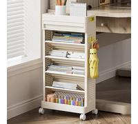 7 Tier Rolling Book Cart, Mobile Bookshelf with Wheels,Sloping Shelf Design, Rolling File Storage Paper Organizer with Drawers & Hook Up for Study Office Bedroom
