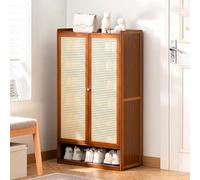7-Tier Slim Shoe Storage Cabinet, Freestanding Bamboo Shoe Rack with Doors, Tall Narrow Hallway Cupboard, Stylish Rattan Sideboard for Organized Entryway