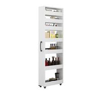 7-Tier Standing Shelf, Wood Spice Rack on Wheels Next to Fridge, Double-Sided Kitchen Storage Spice Rack, Wooden Movable Storage Rack, Narrow Kitchen Cart for Small Spaces, featuring wheels.(Warm Whit