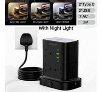 7 Way Tower Extension Lead With Usb And Usb C Surge Protection 2M Uk Plug