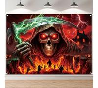 7 x 5 FT Halloween Skull Ghost Backdrop - Spooky Death Skull Photography Background Banner with Red Lightning and Haunted House for Horror Halloween Party Decorations