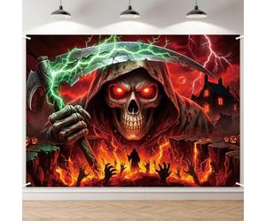 7 x 5 FT Halloween Skull Ghost Backdrop - Spooky Death Skull Photography Background Banner with Red Lightning and Haunted House for Horror Halloween Party Decorations