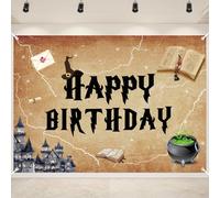 7 x 5 FT Happy Birthday Backdrop - Extra Large Wizard Magic Theme Wall Hanging, Spellbook Cauldron Castle Photo Background Booth Prop for Indoor Outdoor Party Decorations