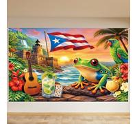 7 x 5 FT Puerto Rico Flag Backdrop, Tropical Puerto Rican Theme Hanging Photo Background with Castle, Flag, Frog, and Hibiscus Flowers, Vibrant Heritage Photography Booth Prop Cultural Decorations