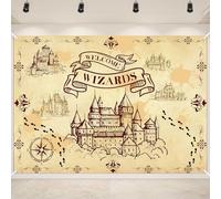 7 x 5 FT Welcome Wizards Backdrop - Extra Large Magic Castle Theme Wall Hanging, Vintage Map Parchment Style Photo Background Booth Prop for Indoor Outdoor Party Decorations