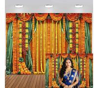 7 x 5ft India Pooja Happy Diwali Photography Backdrop Puja Ganpati Pooja Traditional Mehndi Festival Background Wedding Flower Garland Yellow Green Tulle Curtain Anniversary Backdrops