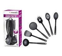 7 x Black Nylon Kitchen Cooking Tool Set Non-Stick Kitchenware Cookware Prima Utensils Cutlery Heat Resistant Home Chef, Soup Ladle, Spoon, Strainer, Pasta, Slotted Turner, Holder UK Free P&P