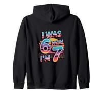 7 Year Old Birthday Was 6 Now I'm 7 Kids Retro Sunset Zip Hoodie