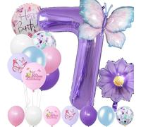 7 Year Set Number Foil Balloon,22 PCS Blue Purple Birthday Decoration,Butterfly Flower Balloon,Children's Birthday Party Decoration Number 7 Balloon for Girls Boys Birthday Festival Party Decoration