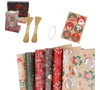 70 * 50cm Christmas Wrapping Paper Gift Wrap Set,6 Sheets Quality Wrapping Paper Red Green Coffee-colored Kraft Paper with Tags and Twine, Xmas Party, Birthday, Happy New Year Present Decorations