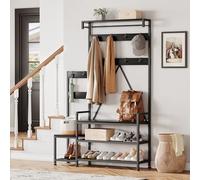 70.8"h Industrial Shoe and Coat Rack for Hallway with Bench & Shoe Storage | Freestanding Shoe Rack with Coat Hanger with Removable Hooks, Top Shelf, Metal Frame for Entryway, Bedroom, Cloakroom, Black