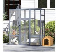 70 Inches Large Wood Catio Outdoor Enclosure with Perches and Condos, Cat House Indoor with Waterproof Roof, Cat Shelter 5 Platforms & 2 Resting Box, UV Resistant (Grey)