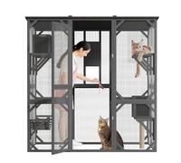 70'' Large Walk-in Catio, Outdoor Wood Cat Enclosure Window Access for Multiple Cats with Asphalt Roof, Feral Cat Shelter with Platforms, Hammock, Scratching Post and Rest Box