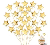 70 Pcs Gold Star Cupcake Toppers, Shiny Star Cake Topper Picks with Wooden Sticks for Birthday Wedding Baby Shower Party Decor