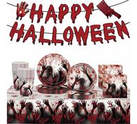 70 Pcs Halloween Party Tableware Set, Complete Halloween Decorations Kit with 1 Plastic Tablecloth, 16 Cups, 20 Napkins, 16x 7&9 Inch Plates and 1 Decor Banner, Blood Hands Disposable Tableware Set