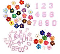 70 Pcs Iron On Patches for Clothing: Embroidered Numbers 0-9, 24 Pieces Iron on Letters, 22 Daisy Flower Applique Patches, 10 Sunflower Embroidered Sew On Patches for Dress, Hat, Socks, Jeans (Pink)