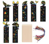 70 PCS Magic Rainbow Scratch Paper Bookmarks Kit - DIY Creative Craft Set with Stencils, Wooden Stylus & Strings - Ideal for Classroom Rewards, Birthday Party Favours, Holiday Activities