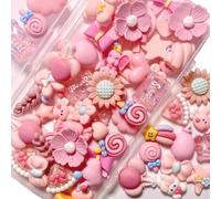70 Pcs Pink Animals Flowers Slime Charms Kit, Assorted Cute Heart Bow Resin Charm, Bulk Mixed Cartoon Phone Case Flatback Decoden Charms Embellishments