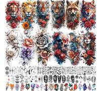 70 Sheets Watercolor Rose Flower Temporary Tattoos For Women Girls Adults, Half Arm Sleeve Fake Tattoo Stickers Tiger Wolf Lion Skull Fox Spider, Temp Bulk Peony Florals Realistic Halloween Tattoo