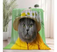 70 x 100 cm Fleece Blanket for Chair Sofa Couch, Green Yellow Sherpa Blanket Cute Pets Cats Flowers Themed Fuzzy Soft and Light Bed Throw Blankets for Men Women