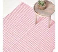 HOMESCAPES Cotton Hand Woven Gingham Check Rug - Pink - 70 x 120 cm