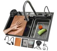 70 x 50 cm, Black-Grey, Top-Mounted Stainless Steel Sink, Large Workstation with Waterfall Bar, Right Drain, Household Nano Single Basin, Complete Accessories