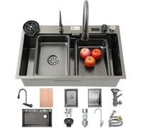 70 x 50 cm Waterfall Kitchen Sink, Black Grey Stainless Steel Workstation Sink with Digital Display, Pull-Out Mixer Tap, Chopping Board, Drain Basket & Waste Kit, Modern Complete Sink Set