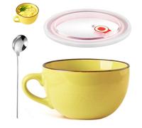 700ML Ceramics Coffee Cup, Large Coffee Mug, Large Ceramic Cup, Larges Tea Cup, Larges Soup Bowl with Lid and Spoon, Yoghurt Bowl, Salad Bowl, Grain Cups, Suitable for Home and Office Use, Yellow