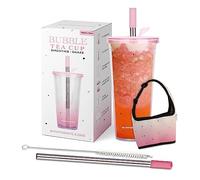 700ml Iced Coffee Cup with Lid, Thick Straw, Brush & SLEEVE | Reusable Travel Tumbler for Bubble Tea, Boba, Smoothie, Milkshake or Any Drinks (Pink)