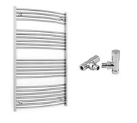 700mm Wide Curved Chrome Heated Bathroom Towel Rail Radiator With Valves For Central Heating UK (With Angled Valves, 700 x 1200 mm (h))