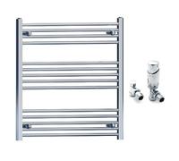 700mm Wide Straight Chrome Heated Bathroom Towel Rail Radiator With Valves For Central Heating UK (With TRV Angled Valves, 700 x 800mm (h))