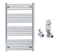 700mm Wide Straight Chrome Heated Bathroom Towel Rail Radiator With Valves For Central Heating UK (With TRV Angled Valves, 700 x 1200mm (h))