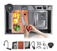 705 x 50 cm Black Stainless Steel Kitchen Sink with Waterfall Tap and Temperature Display, Large Multifunctional Single Basin, Includes Tap and Accessories