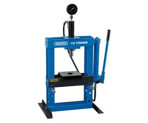 70538: 10 Tonne Hydraulic Bench Press with Sliding Ram, Detachable Hand Pump, Adjustable Table Heights 110-365 mm, 0-16 t Gauge, Safety Valve