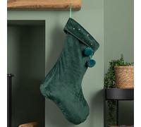 70cm Hanging Dark Green Velour Star Print Christmas Stocking with Pom Poms