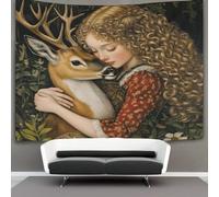 70cmx100cm Tapestry Beautiful Curly Tapestries Haired Girl Hugs A Deer 3D Printing Wall Hanging Home Decorations