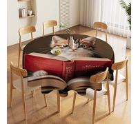 70in Round Tablecloth Stain & Heat Resistant Polyester | Wrinkle Free Washable Kitten Reading A Book Table Cover for 5 to 6 Foot Tables Dining Kitchen Party Picnic Buffet Wedding Farmhouse Decor