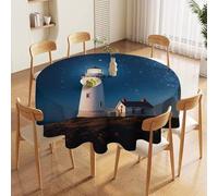 70in Round Tablecloth Stain & Heat Resistant Polyester | Wrinkle Free Washable Lighthouse Under Starry Night Table Cover for 5 to 6 Foot Tables Dining Kitchen Party Picnic Buffet Wedding Farmhouse