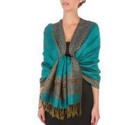 70inch x 28inch Border Pattern Double Layer Woven Pashmina Feel Shawl / Wrap / Stole - Sea Green(Size: One Size)