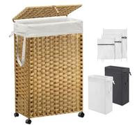 70L Slim Laundry Hamper with Lid & Wheels, Rolling Laundry Basket with 2 Removable Liner Bags & 3 Mesh Bags, Narrow Dirty Clothes Basket, Foldable Handwoven Rattan Laundry Sorter, Natural