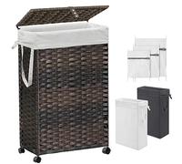 70L Slim Laundry Hamper with Lid & Wheels, Rolling Laundry Basket with 2 Removable Liner Bags & 3 Mesh Bags, Narrow Dirty Clothes Basket, Foldable Handwoven Rattan Laundry Sorter, Brown